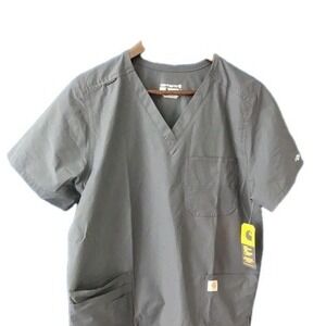 Carhartt Scrubs Women's Force Essentials V-Neck Gray Knit Panel Modern Top Small
